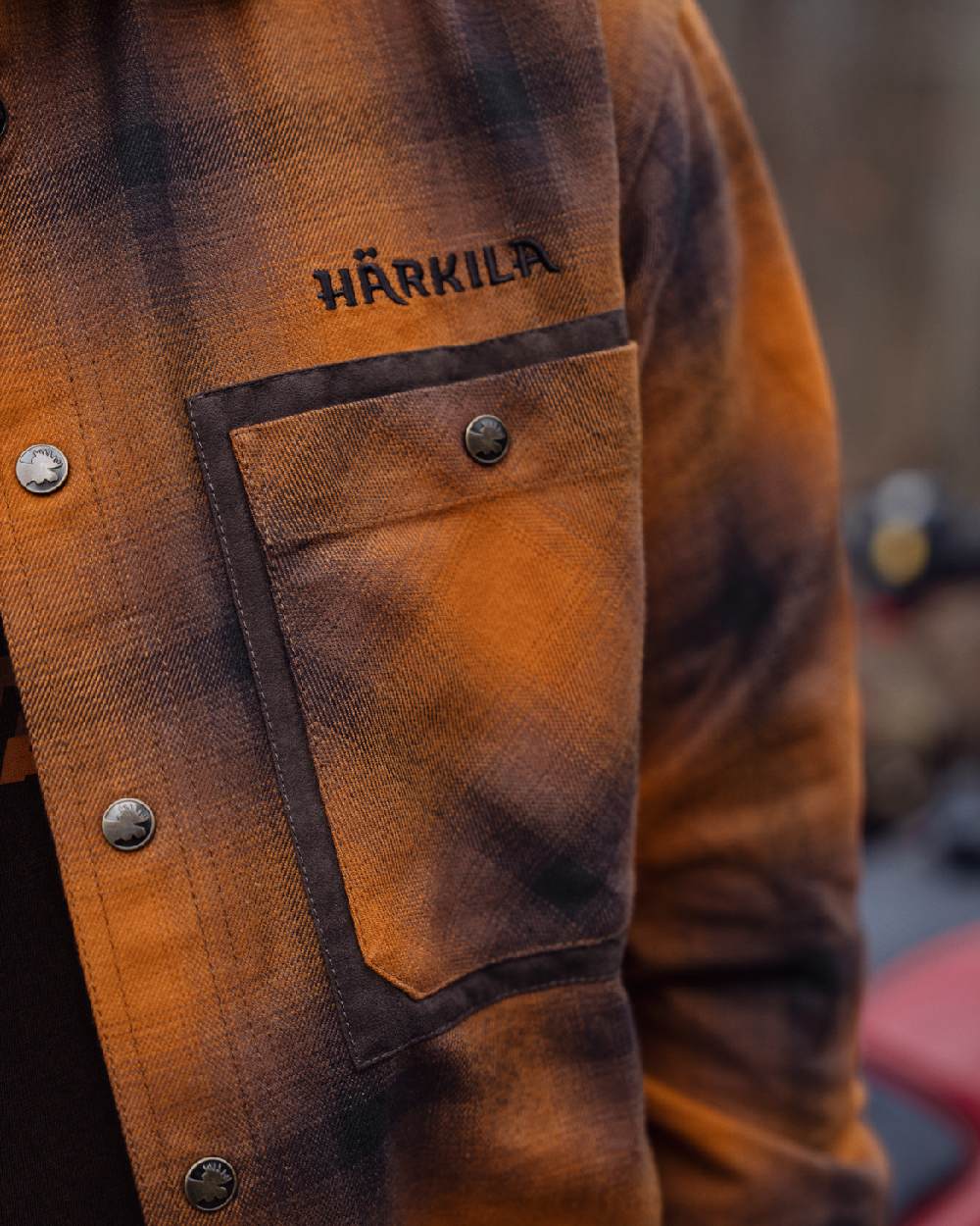 Maple Check coloured Harkila Folke Long Sleeve Shirt pocket close up 