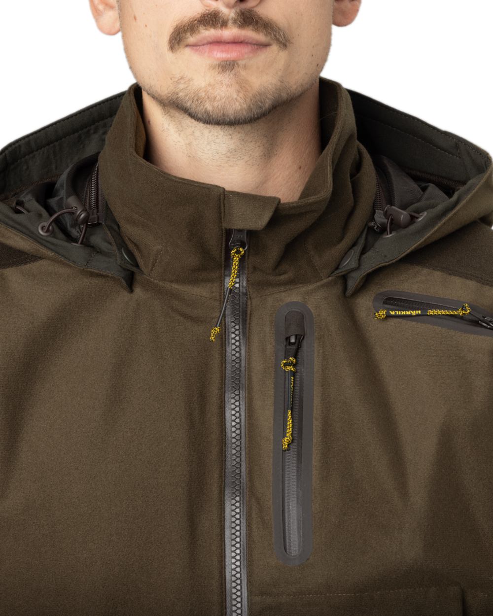 Hunting Green Shadow Brown Coloured Harkila Forest Hunter GTX Jacket on white background 