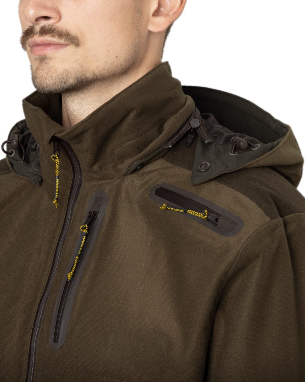 Hunting Green Shadow Brown Coloured Harkila Forest Hunter GTX Jacket on white background 