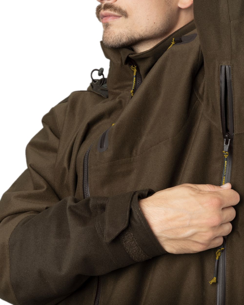 Hunting Green Shadow Brown Coloured Harkila Forest Hunter GTX Jacket on white background 