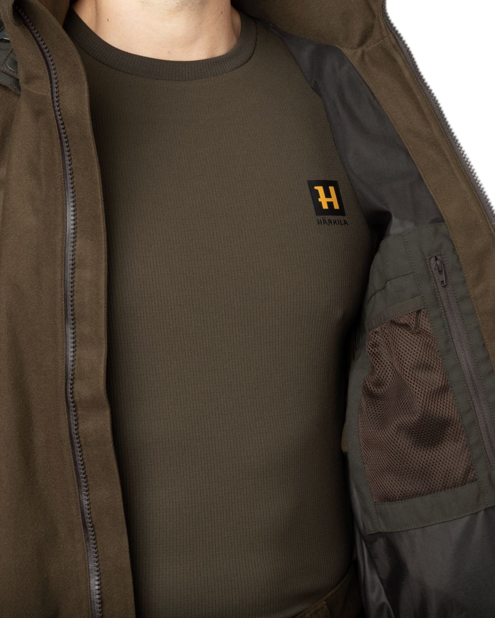 Hunting Green Shadow Brown Coloured Harkila Forest Hunter GTX Jacket on white background 