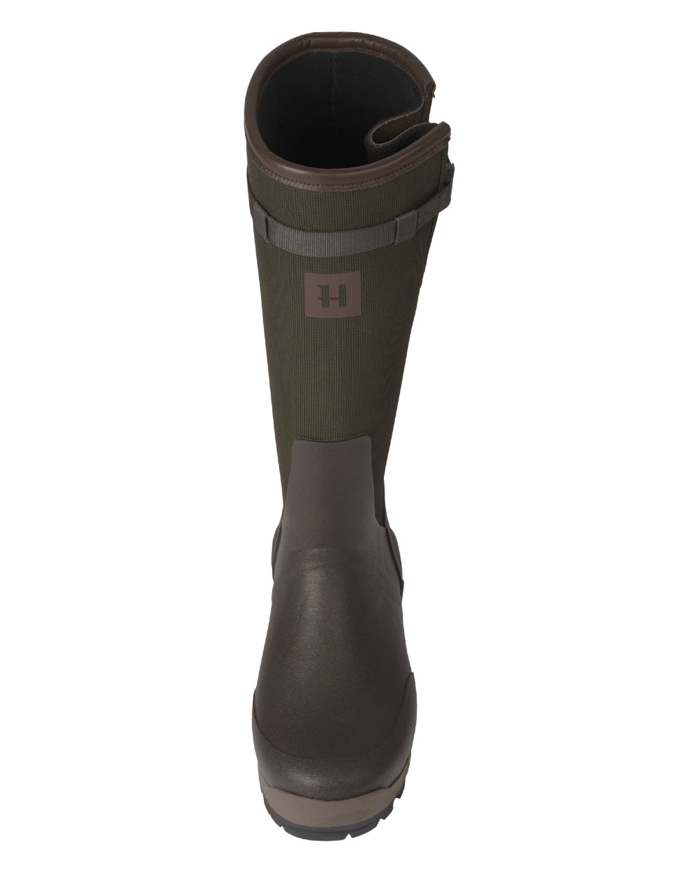 Willow Green Deep Brown Coloured Harkila Forester Zip Rubber Boot on white background 