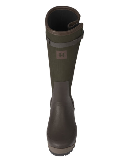 Willow Green Deep Brown Coloured Harkila Forester Zip Rubber Boot on white background 