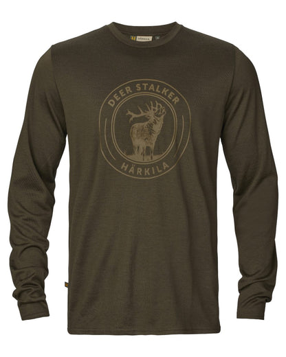 Willow Green Stag Coloured Harkila Game Long Sleeve T-Shirt on white background 