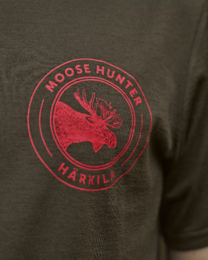 Willow Green Moose Coloured Harkila Game Short Sleeve T-Shirt on outdoor background 