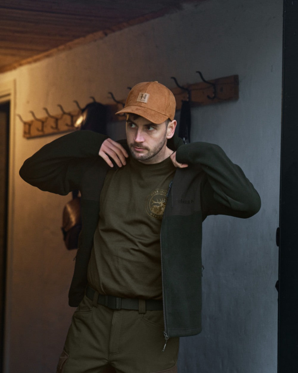 Willow Green Stag Coloured Harkila Game Short Sleeve T-Shirt on outdoor background 