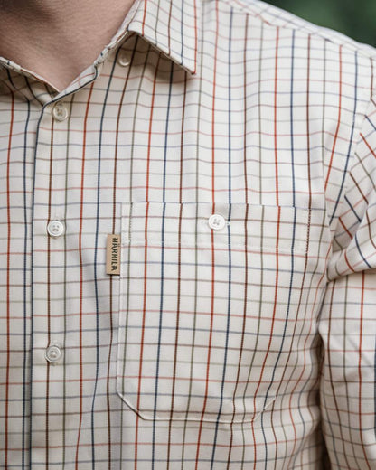 Arabian Spice Check coloured Harkila Haywood Wool Blend Long Sleeve Shirt on outdoor background 