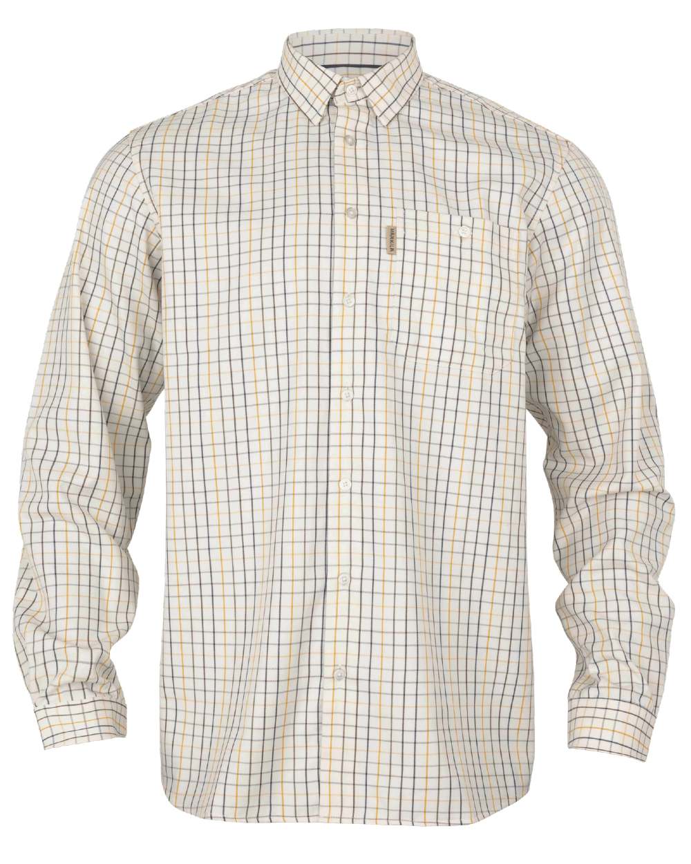 Arrowwood Yellow Check coloured Harkila Haywood Wool Blend Long Sleeve Shirt on white background 