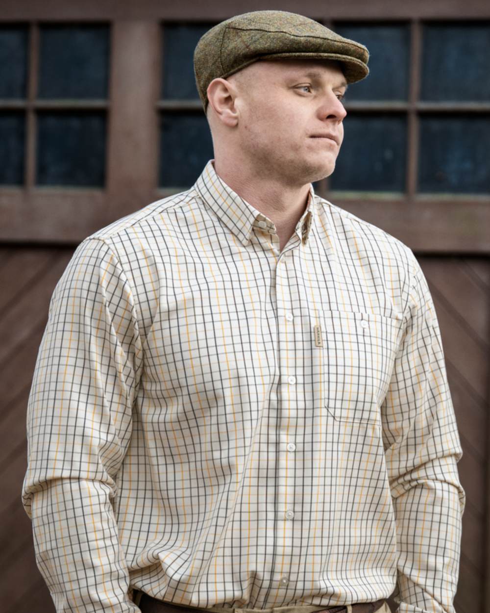 Arrowwood Yellow Check coloured Harkila Haywood Wool Blend Long Sleeve Shirt on outdoor background 