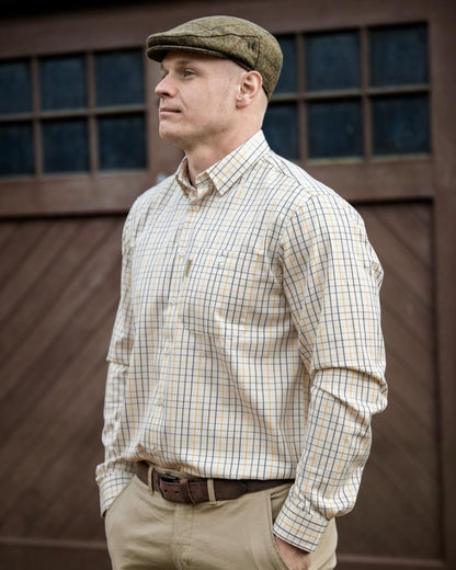 Arrowwood Yellow Check coloured Harkila Haywood Wool Blend Long Sleeve Shirt on outdoor background 