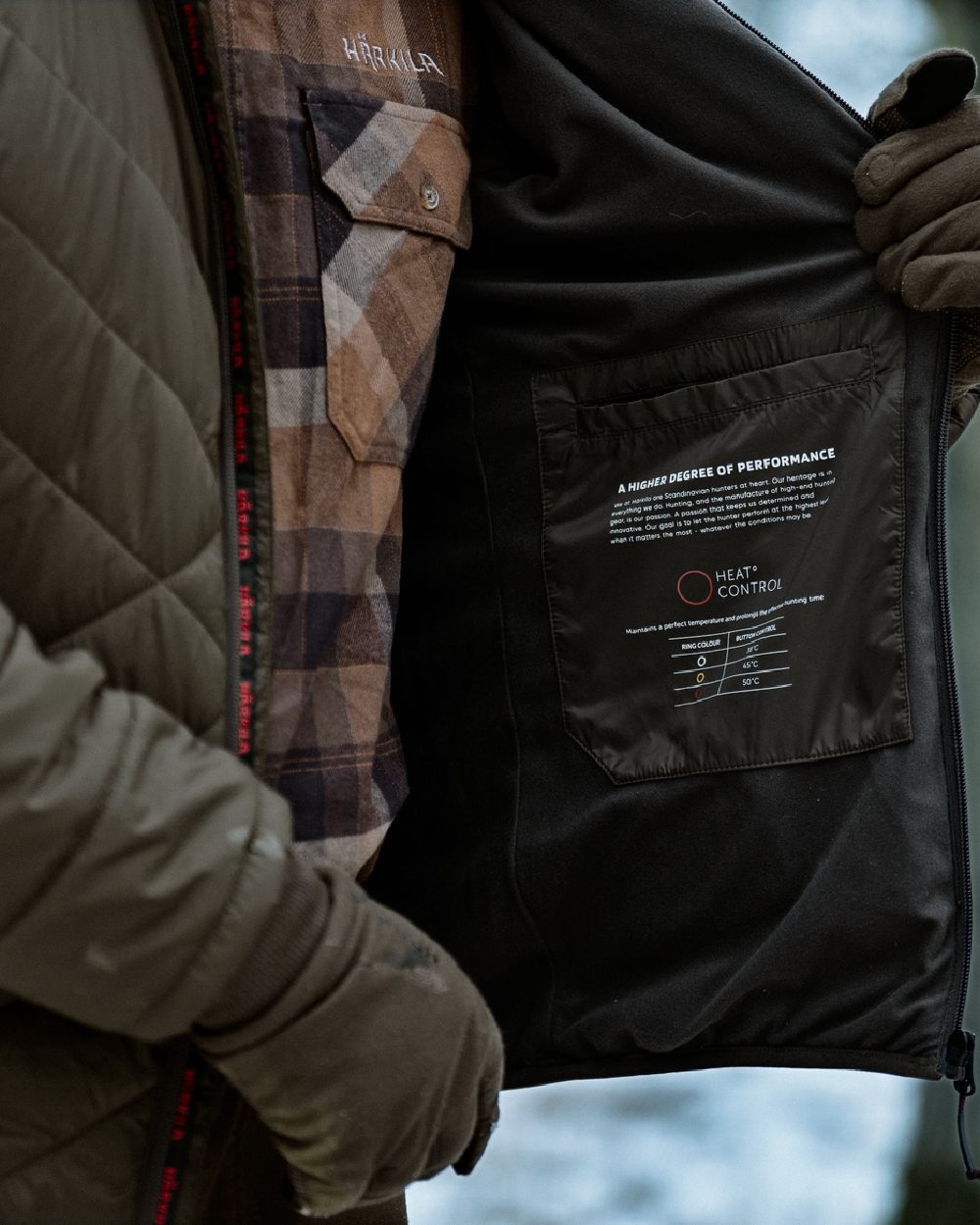 Willow Green Shadow Brown coloured Harkila Heat Insulated Jacket close up  