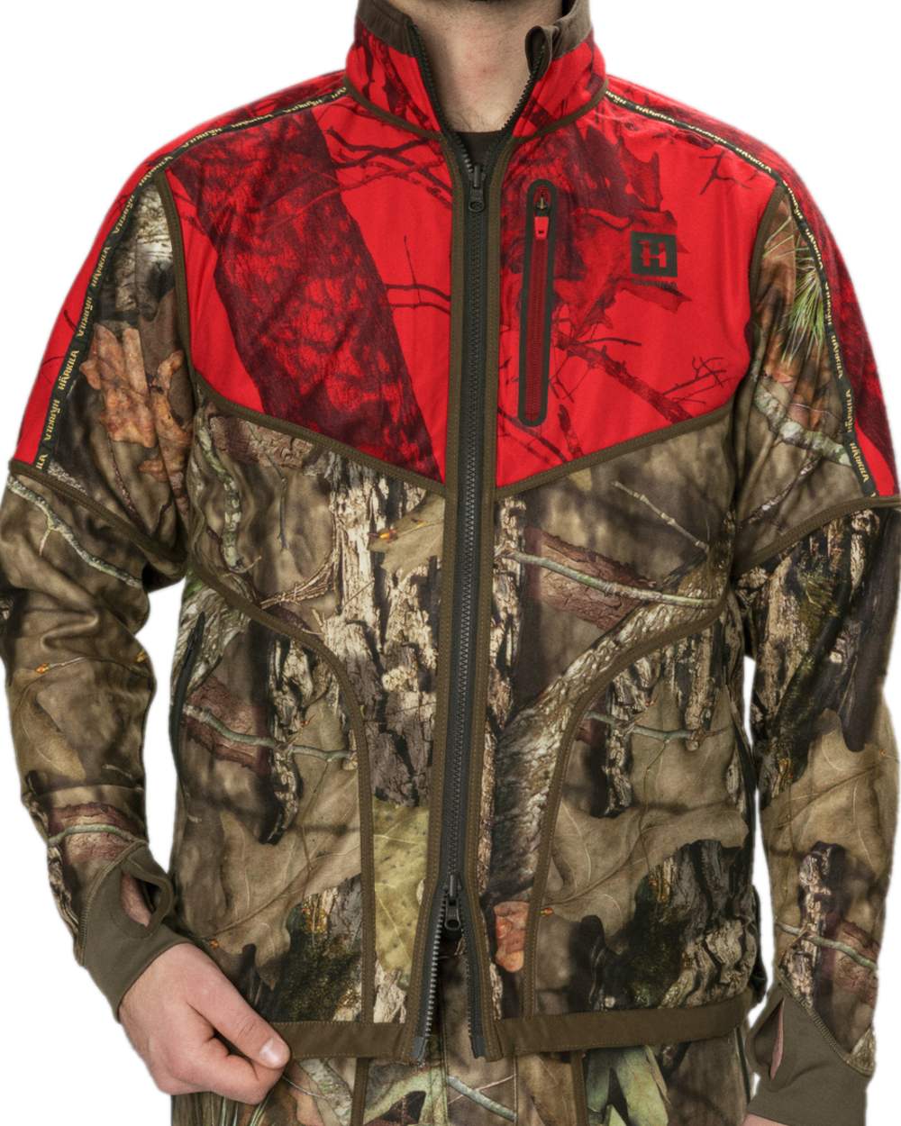Hunting Green Mossy Oak Break-up Country Coloured Harkila Kamko Camo Reversible WSP Jacket on white background 