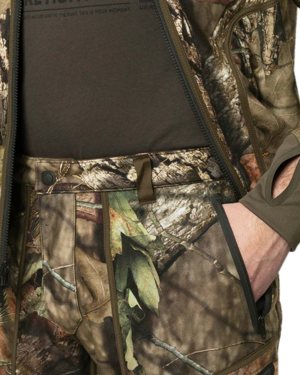 Hunting Green MossyOak Coloured Harkila Kamko Camo Reversible WSP Trousers on white background 