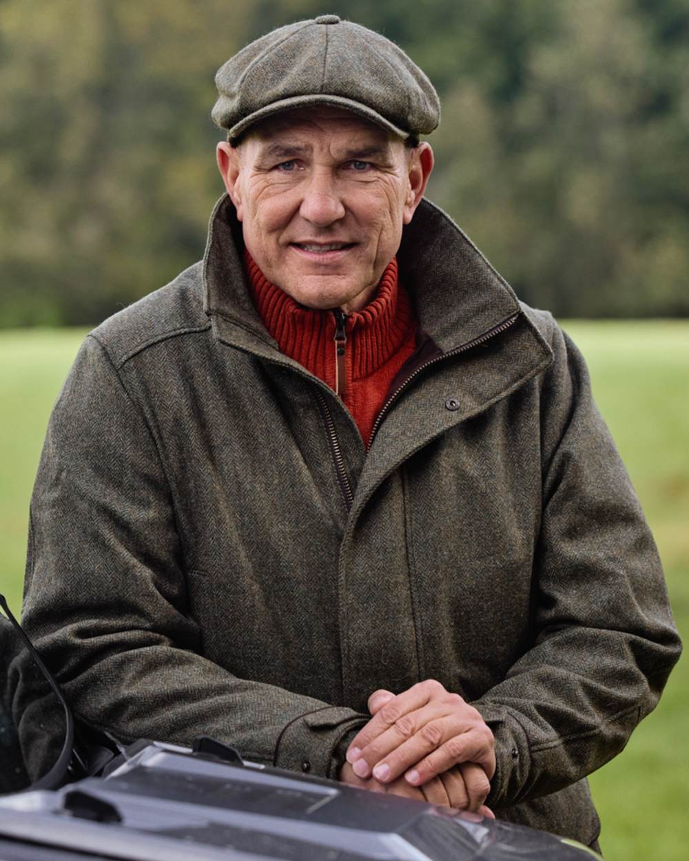 Forest Green Herringbone Coloured Harkila Kenmore Classic Baker Boy Cap on forest background 