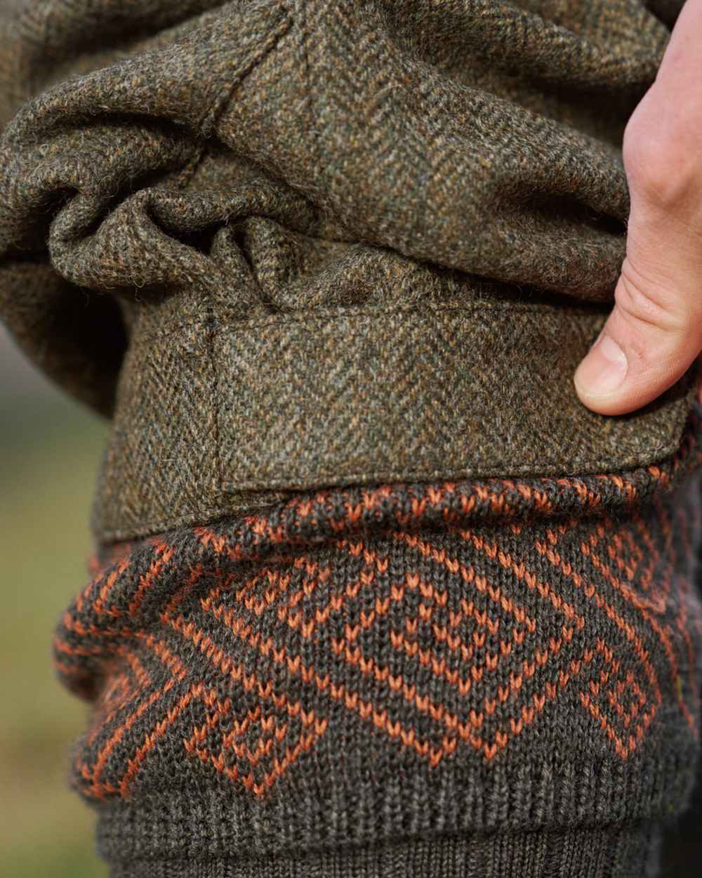 Forest Green Herringbone coloured Harkila Kenmore GTX Breeks on outdoor background 