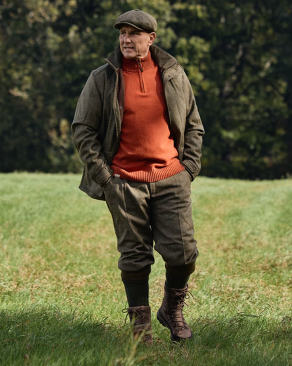 Forest Green Herringbone coloured Harkila Kenmore GTX Breeks on forest background 