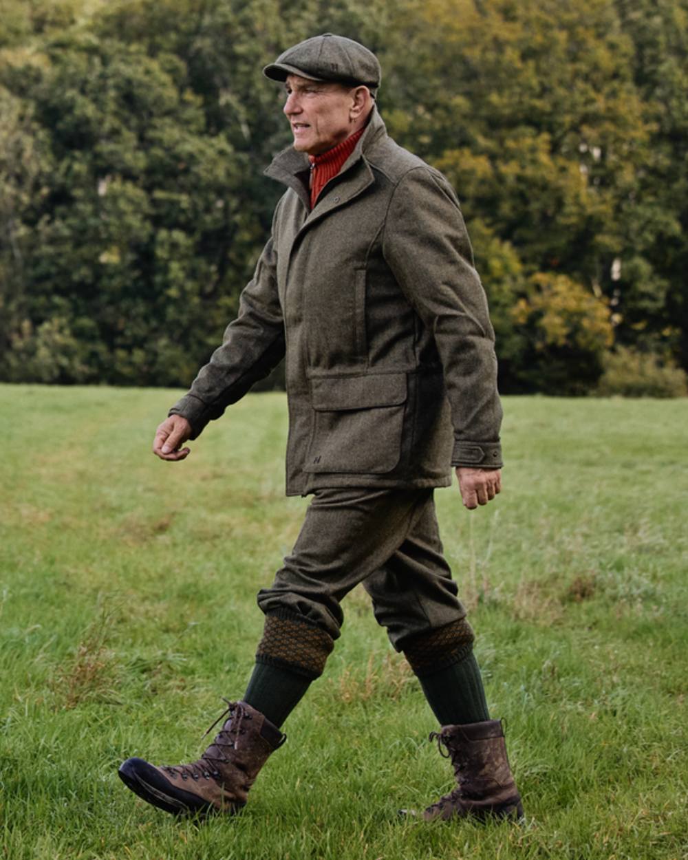 Forest Green Herringbone coloured Harkila Kenmore GTX Breeks on forest background 