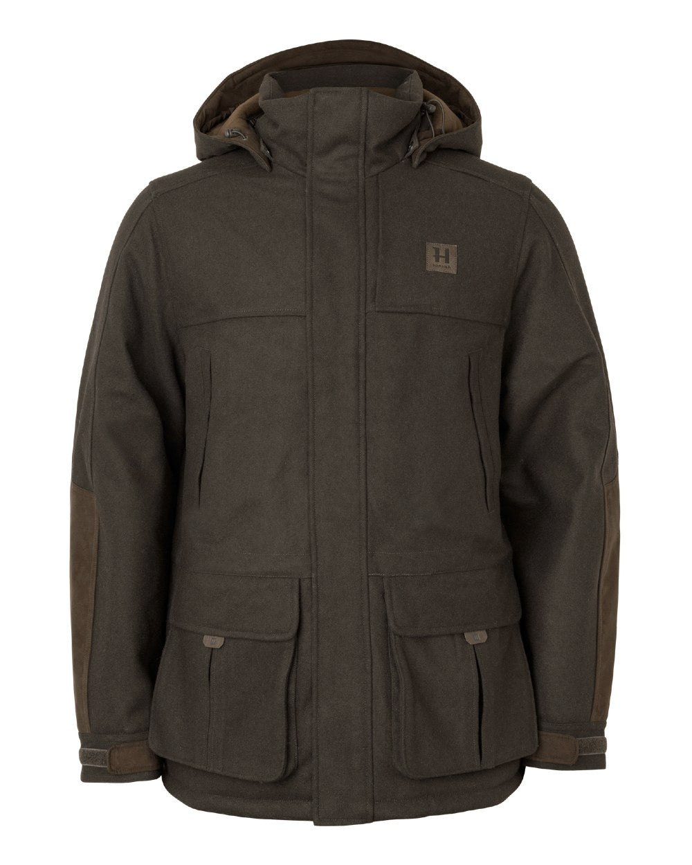 Dark Hunting Green Shadow Brown coloured Harkila Kodiak CleverWool HSP Insulated Jacket on white background 
