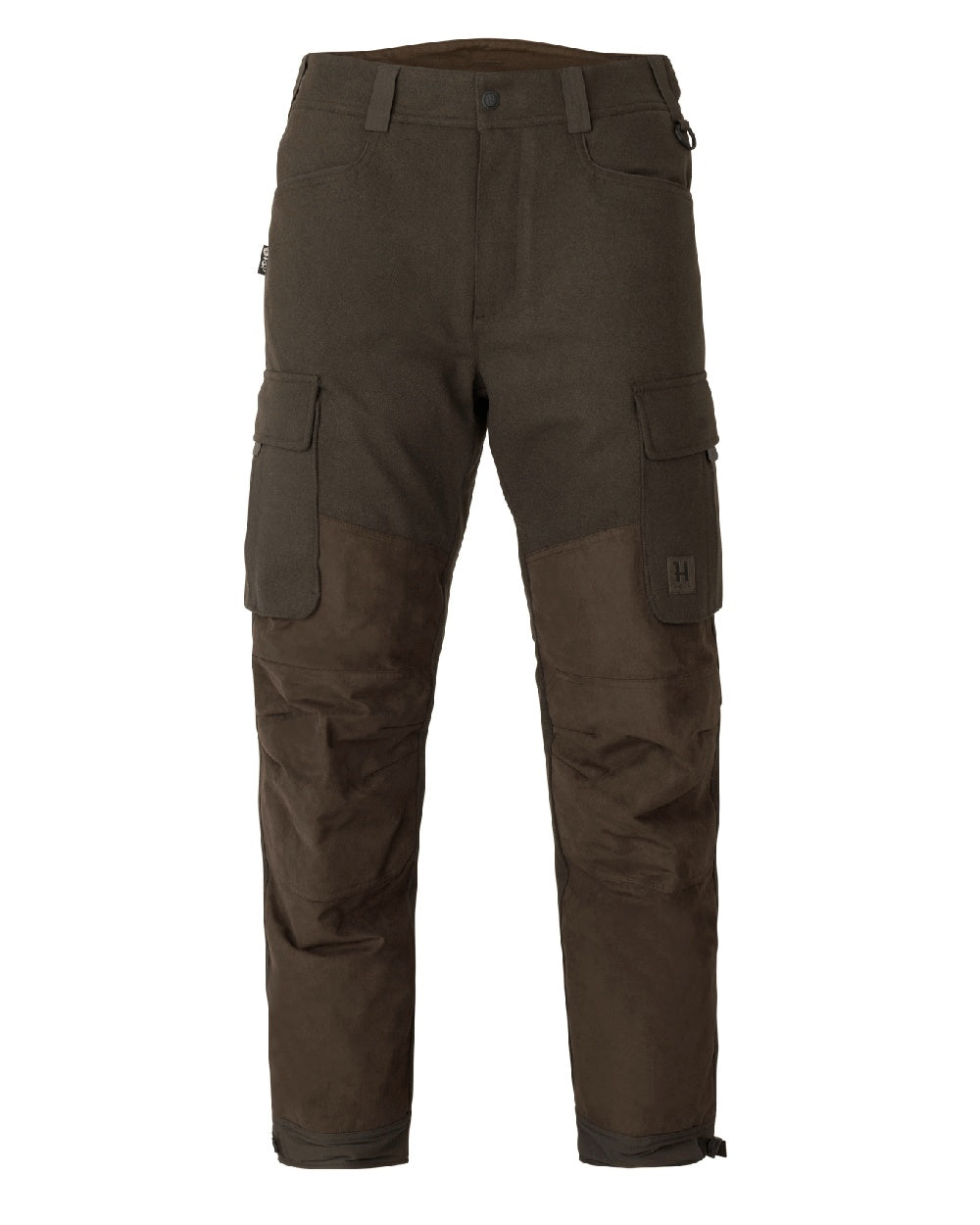 Dark Hunting Green Shadow Brown coloured Harkila Kodiak CleverWool HSP Insulated Trousers on white background 