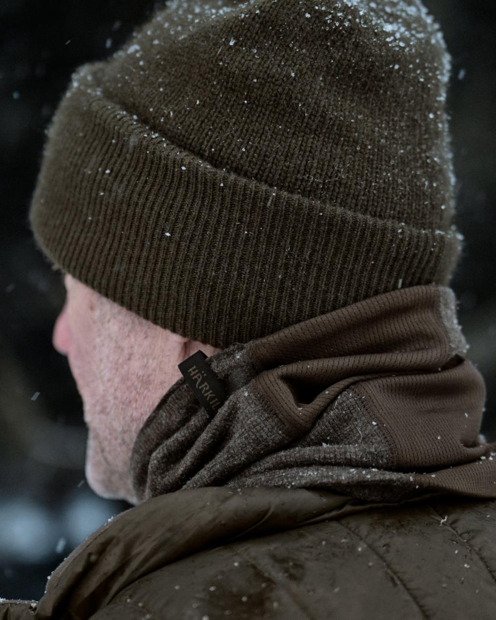 Dark Hunting Green coloured Harkila Kodiak CleverWool Neck Gaiter  on forest background 