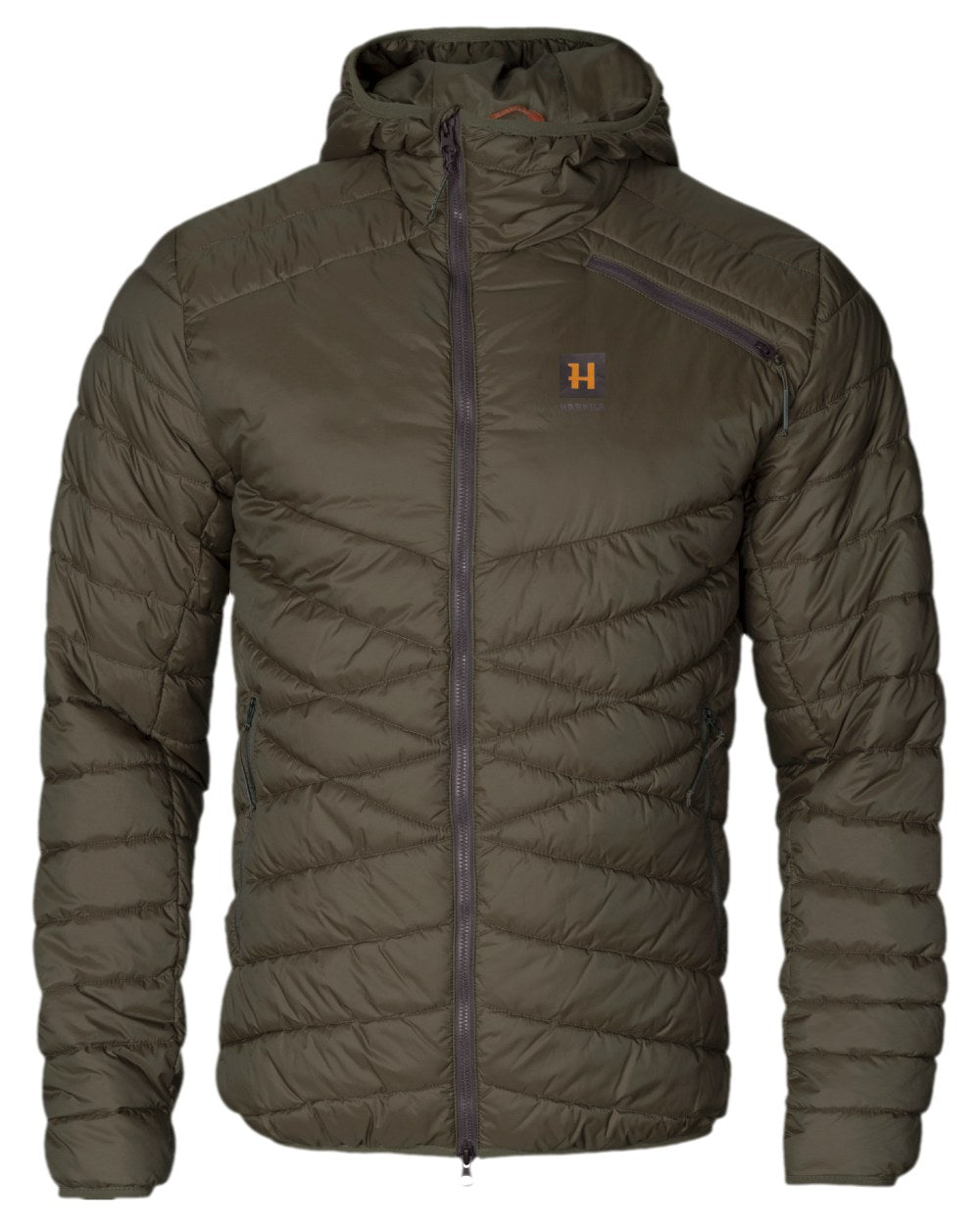 Willow Green Coloured Harkila Logmar Insulated Packable Hooded Jacket on white background 