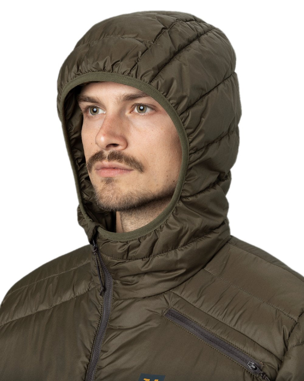 Willow Green Coloured Harkila Logmar Insulated Packable Hooded Jacket on white background 