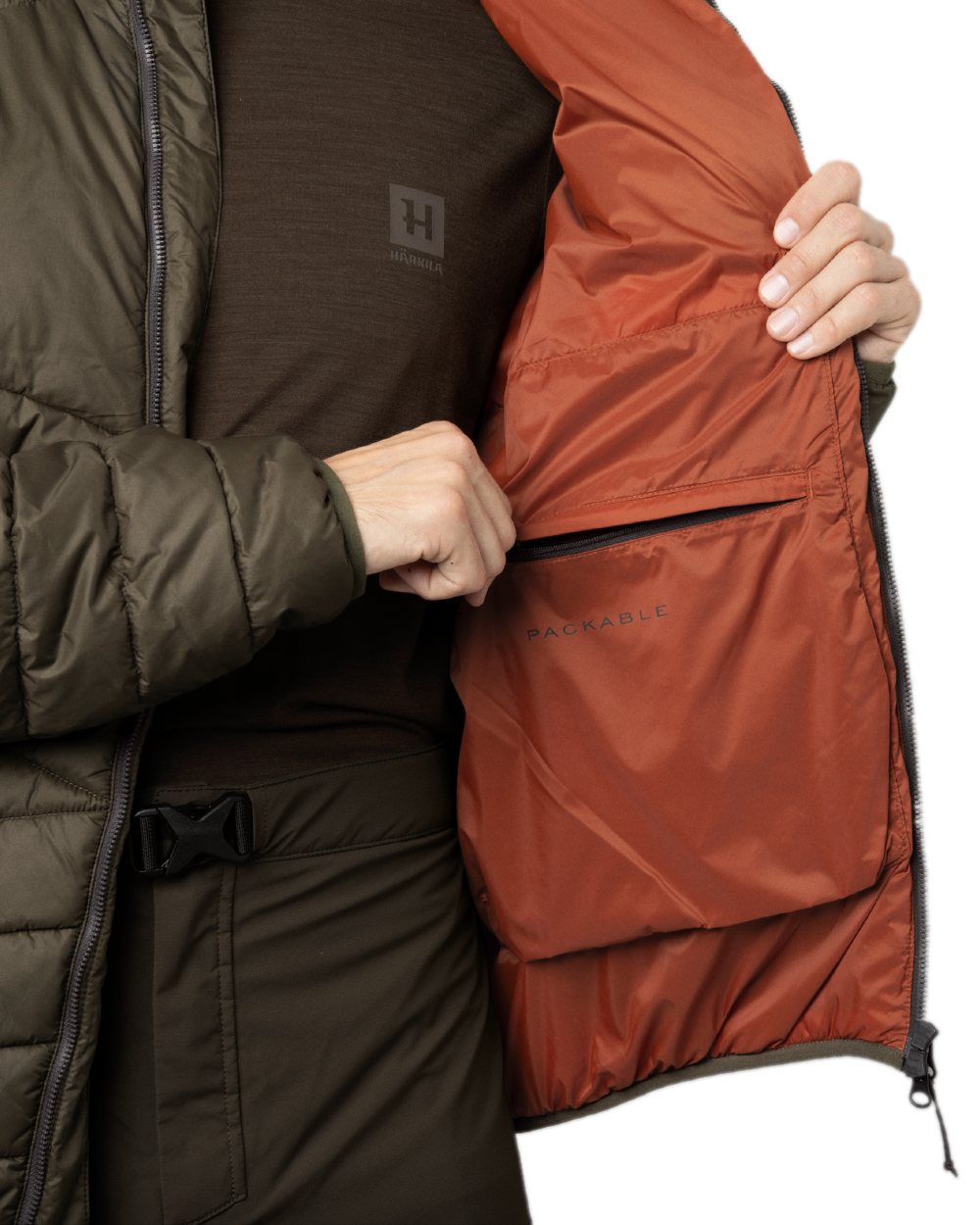 Willow Green Coloured Harkila Logmar Insulated Packable Hooded Jacket on white background 