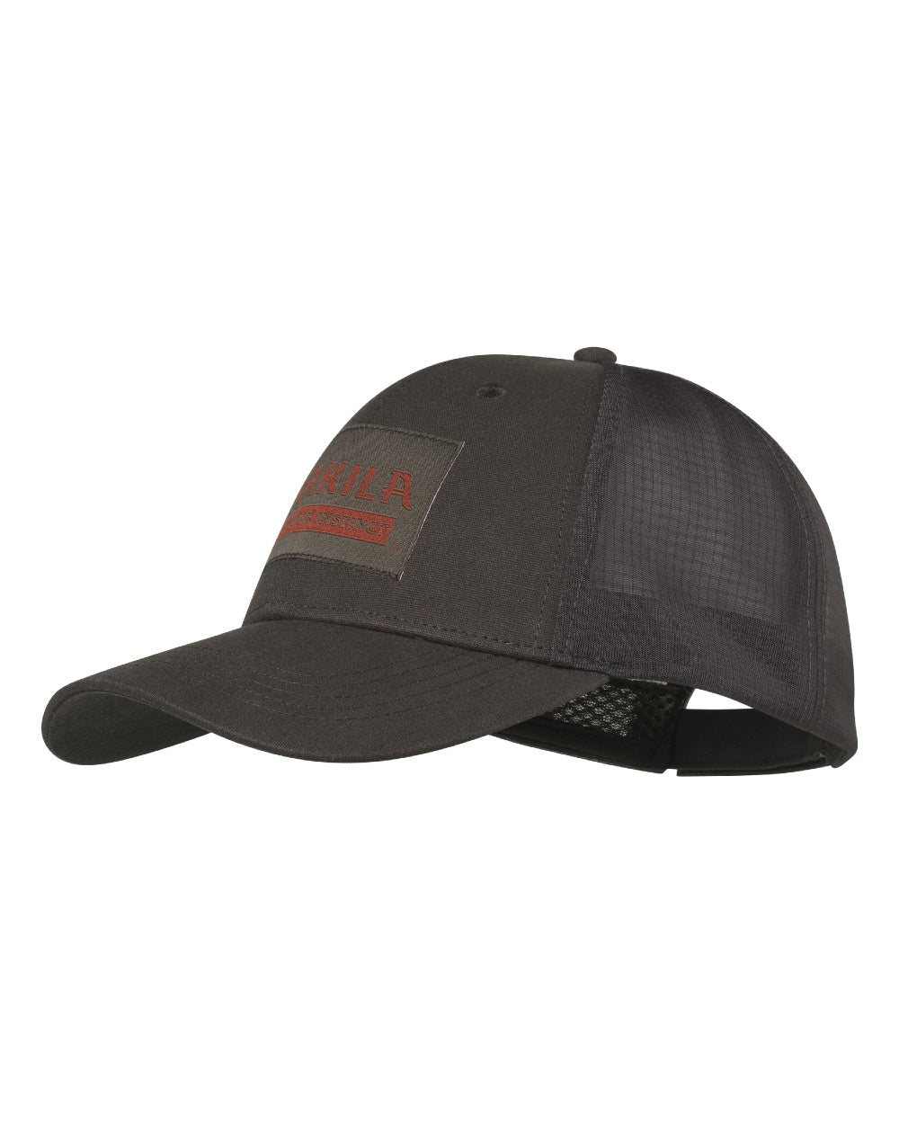 A dark gray trucker-style baseball cap with a mesh back and a rectangular front patch featuring red text 