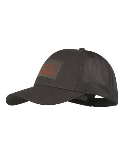 A dark gray trucker-style baseball cap with a mesh back and a rectangular front patch featuring red text 
