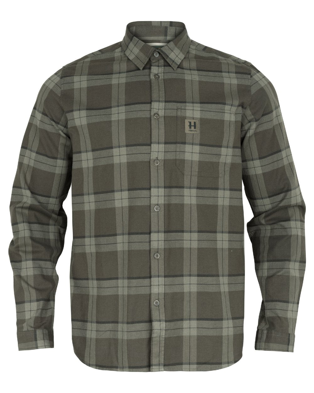 Green Check coloured Harkila Mens Fjell Long Sleeve Shirt on white background 