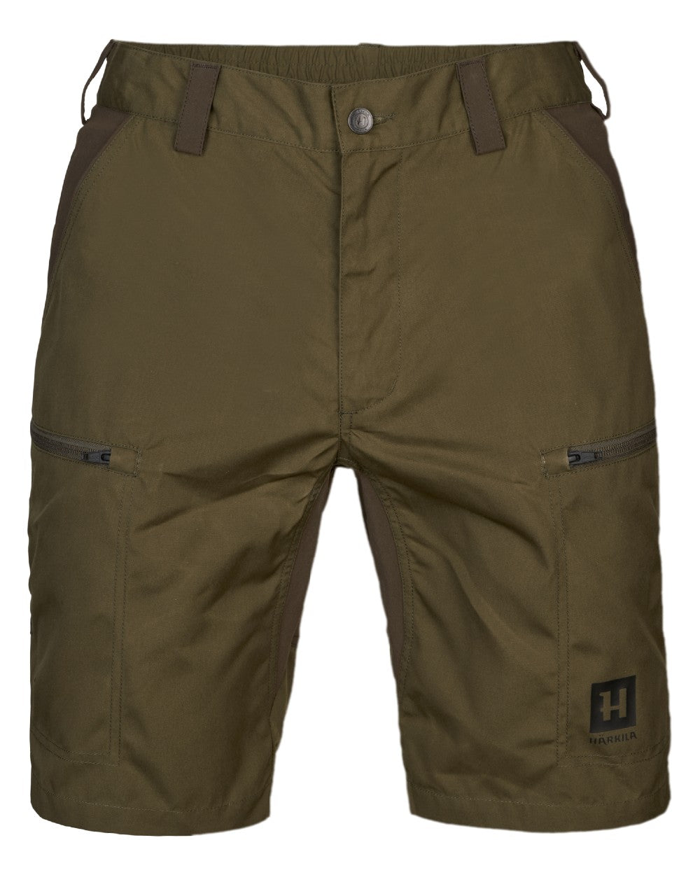 Dark Olive Willow Green Coloured Harkila Mens Fjell Shorts on white background 
