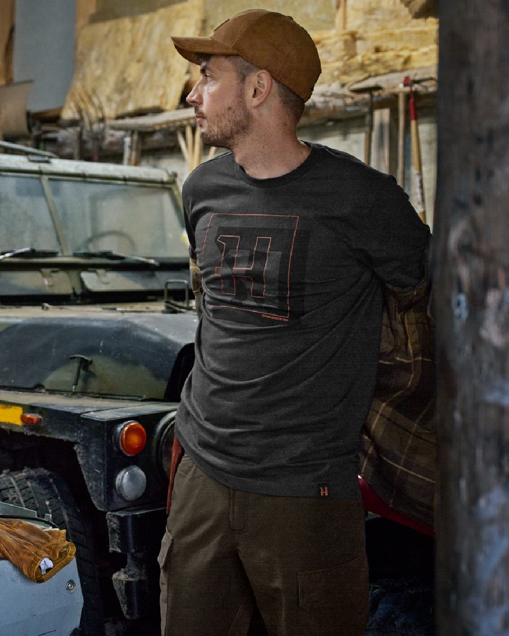 Phantom Coloured Harkila Mens H-logo Short Sleeve T-Shirt on garage background 