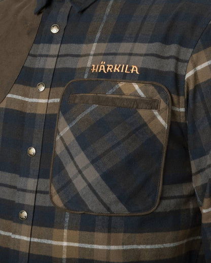 Dark Olive coloured Harkila Mens Jarne Shooting Shirt on white background 