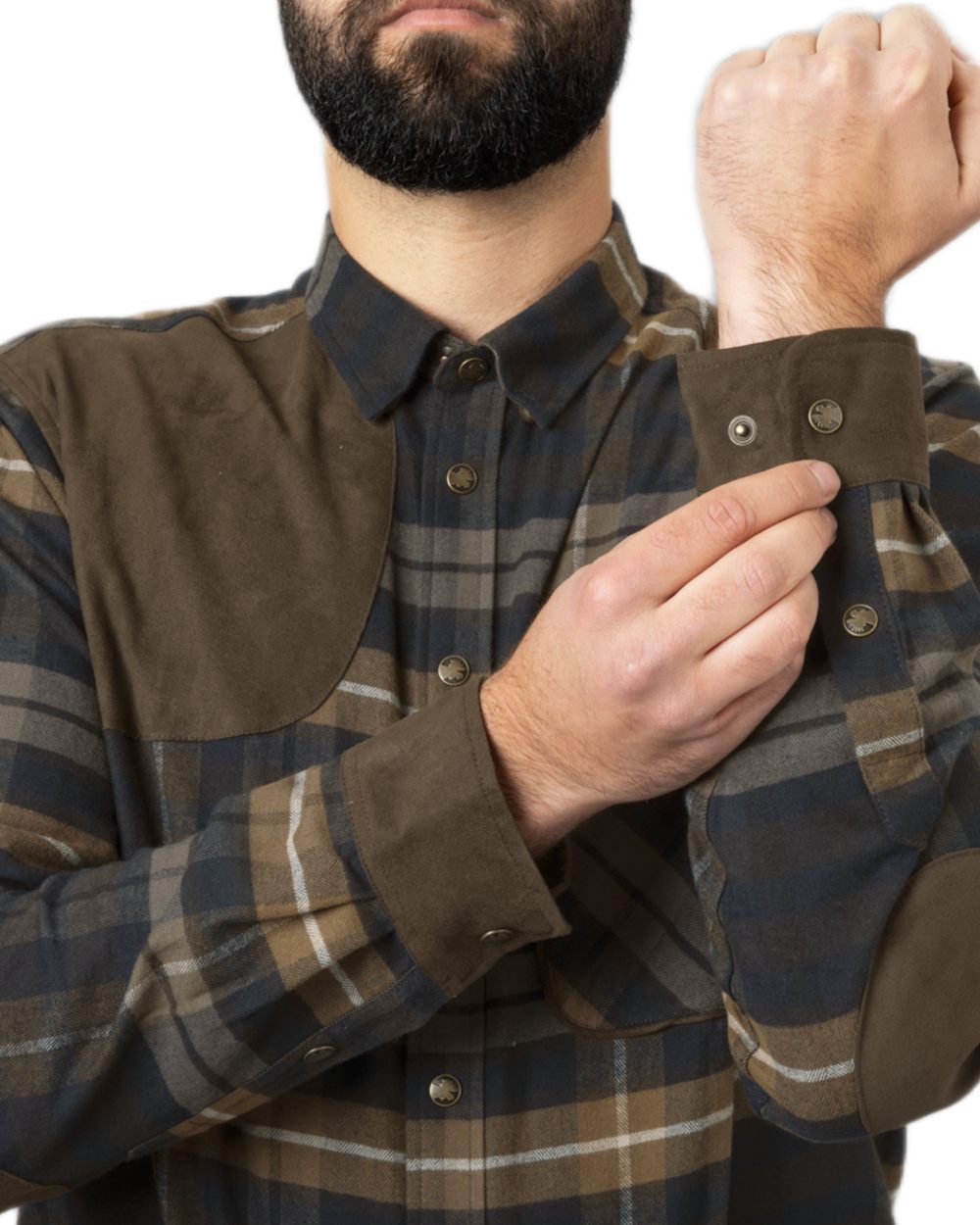 Dark Olive coloured Harkila Mens Jarne Shooting Shirt on white background 