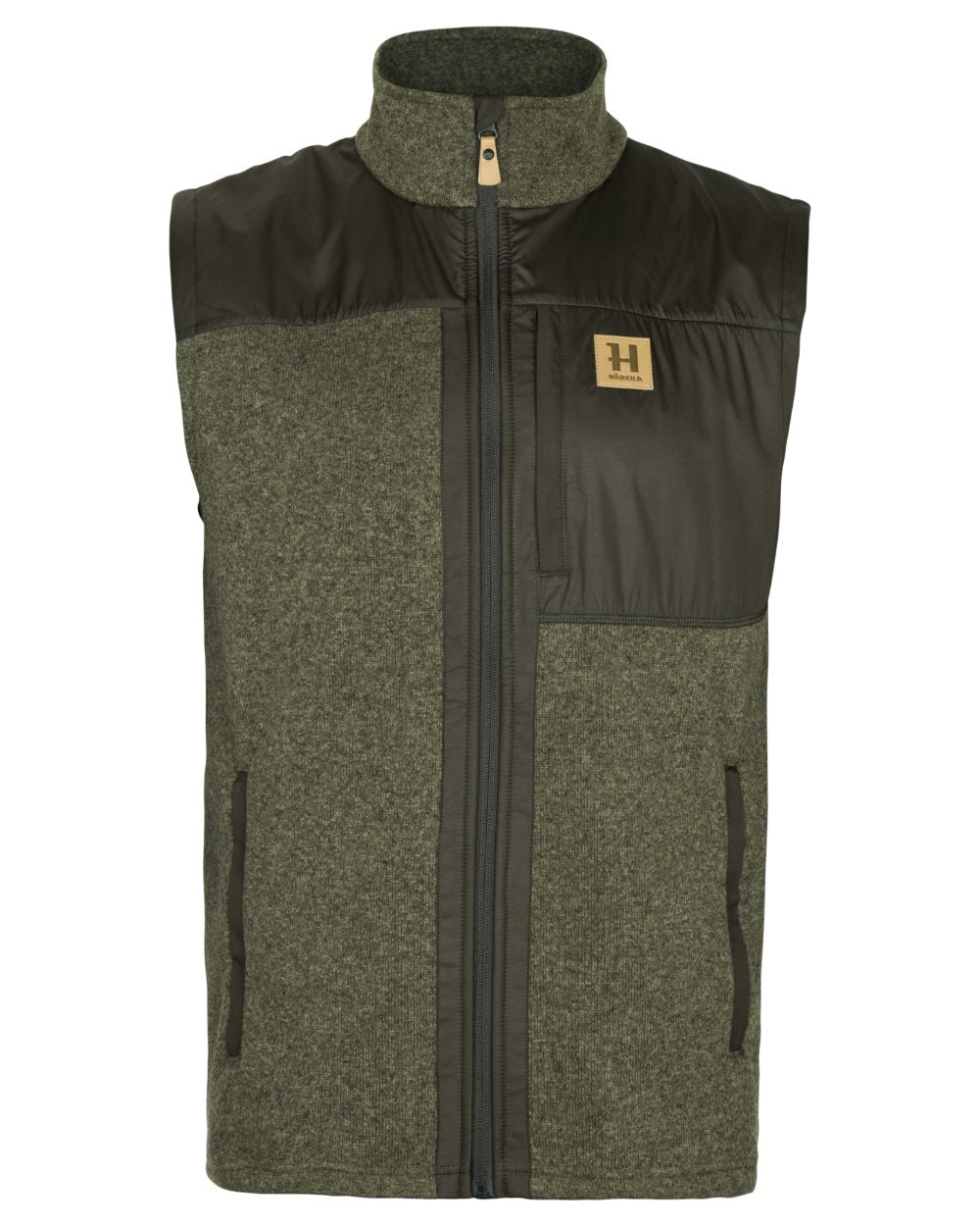 Willow Green Shadow Brown coloured Harkila Mens Kalix Fleece Waistcoat on white background 