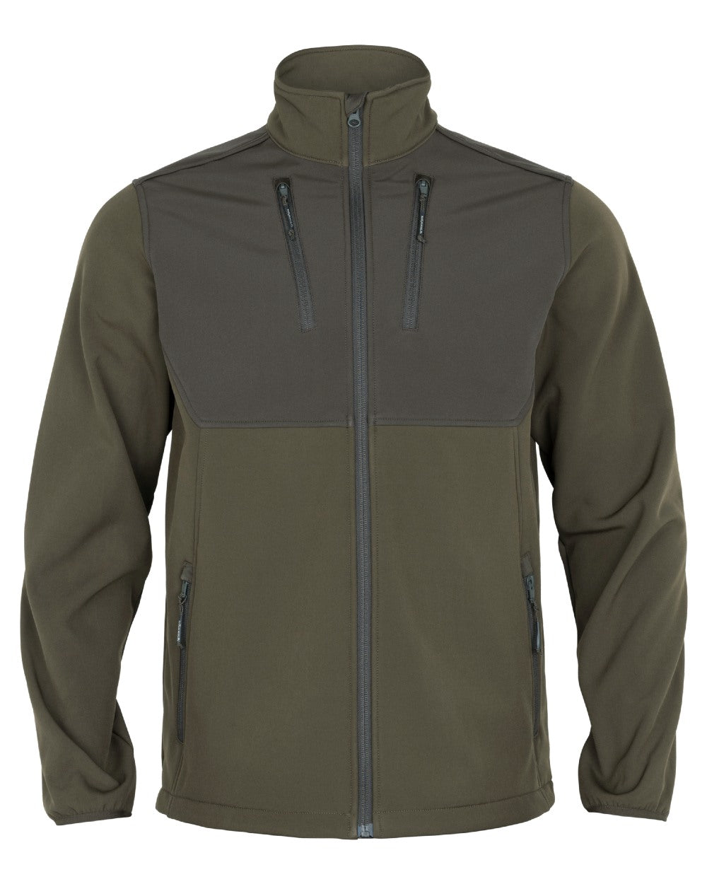 Willow Green Shadow Brown coloured Harkila Mens Scandinavian Softshell Jacket on white background 