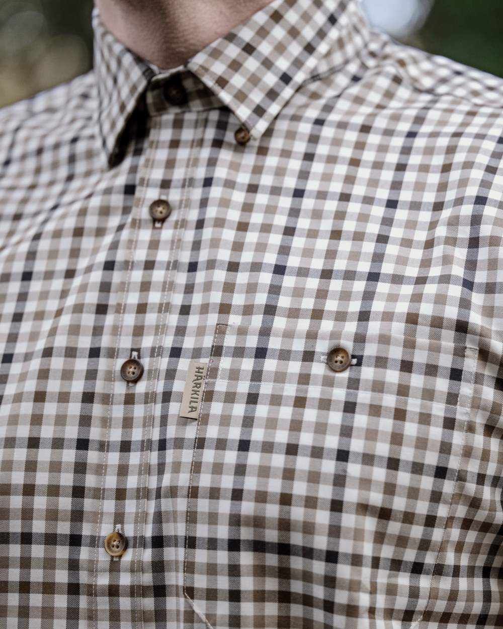 Blue Beige Check Coloured Harkila Milford Shirt on outdoor background 