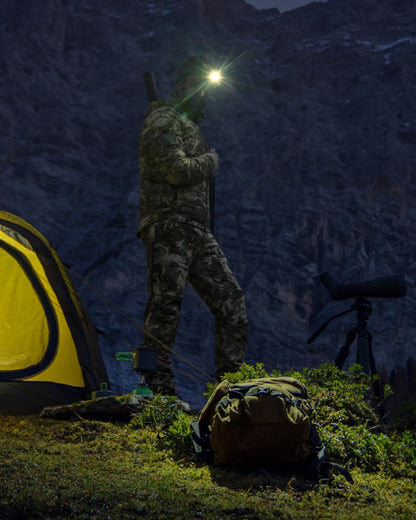 AXIS Mountain Coloured Harkila Mountain Hunter Expedition Packable Down Jacket on outdoor background 