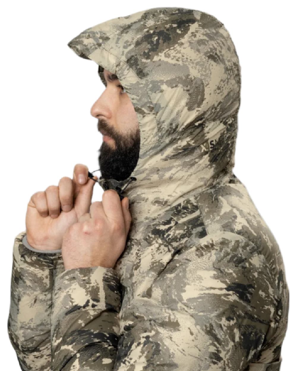 AXIS Mountain Coloured Harkila Mountain Hunter Expedition Packable Down Jacket on white background 