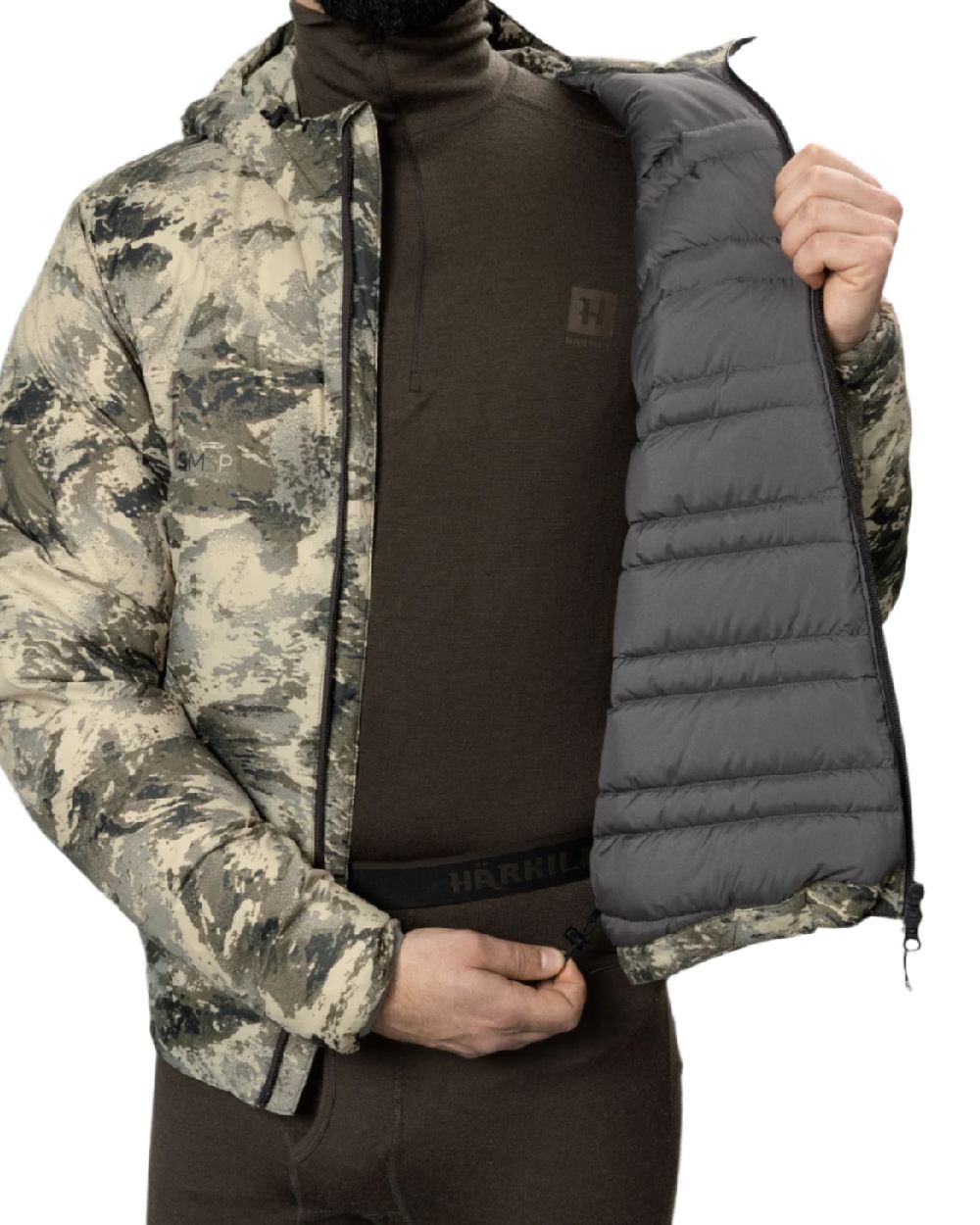 AXIS Mountain Coloured Harkila Mountain Hunter Expedition Packable Down Jacket on white background 