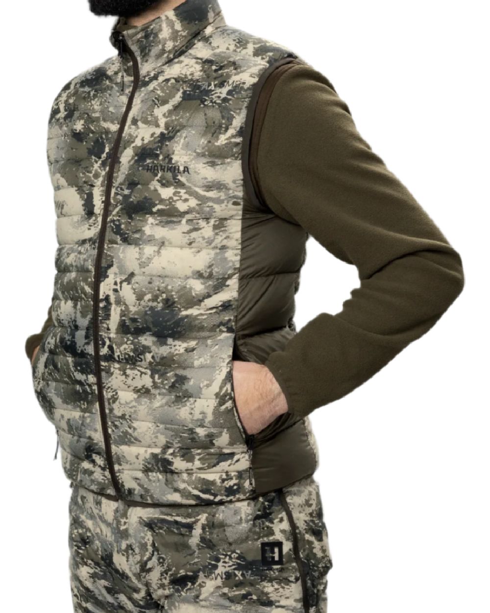 AXIS Mountain Shadow Brown Coloured Harkila Mountain Hunter Expedition Reversible Down Waistcoat on white background 