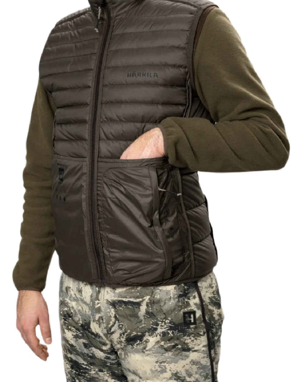 AXIS Mountain Shadow Brown Coloured Harkila Mountain Hunter Expedition Reversible Down Waistcoat on white background 