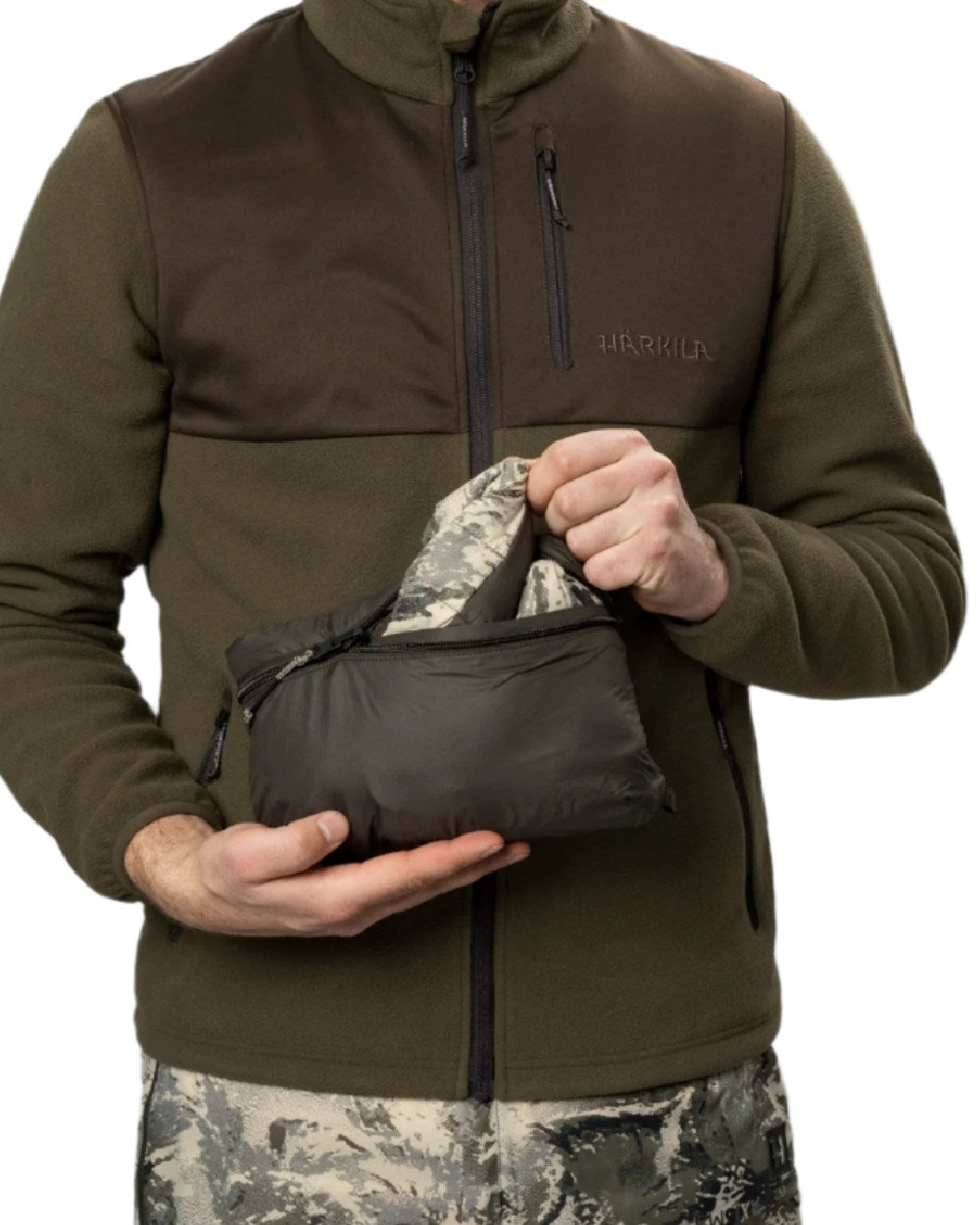 AXIS Mountain Shadow Brown Coloured Harkila Mountain Hunter Expedition Reversible Down Waistcoat on white background 