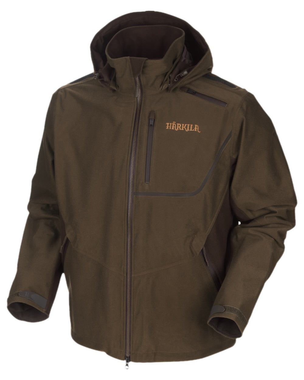 Hunting Green Shadow Brown Coloured Harkila Mountain Hunter Jacket on white background 
