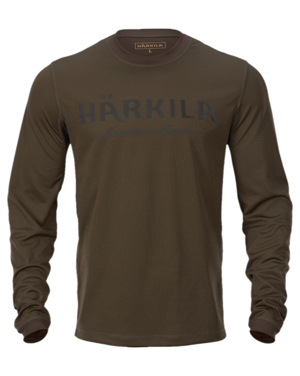 Hunting Green Shadow Brown Coloured Harkila Mountain Hunter Long Sleeve T-Shirt on white background 