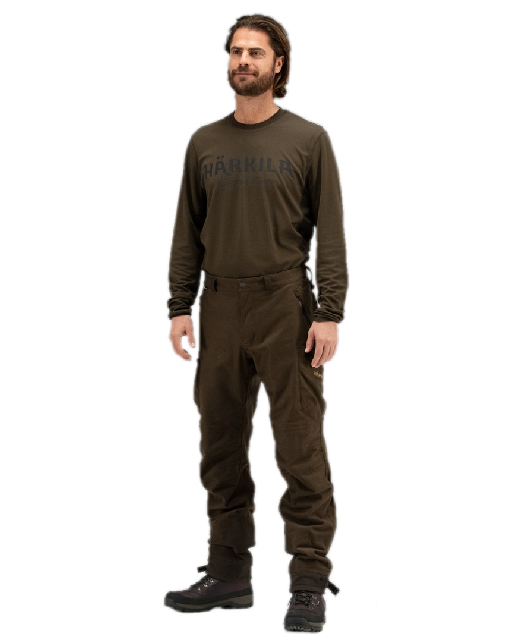Hunting Green Shadow Brown Coloured Harkila Mountain Hunter Long Sleeve T-Shirt on white background 