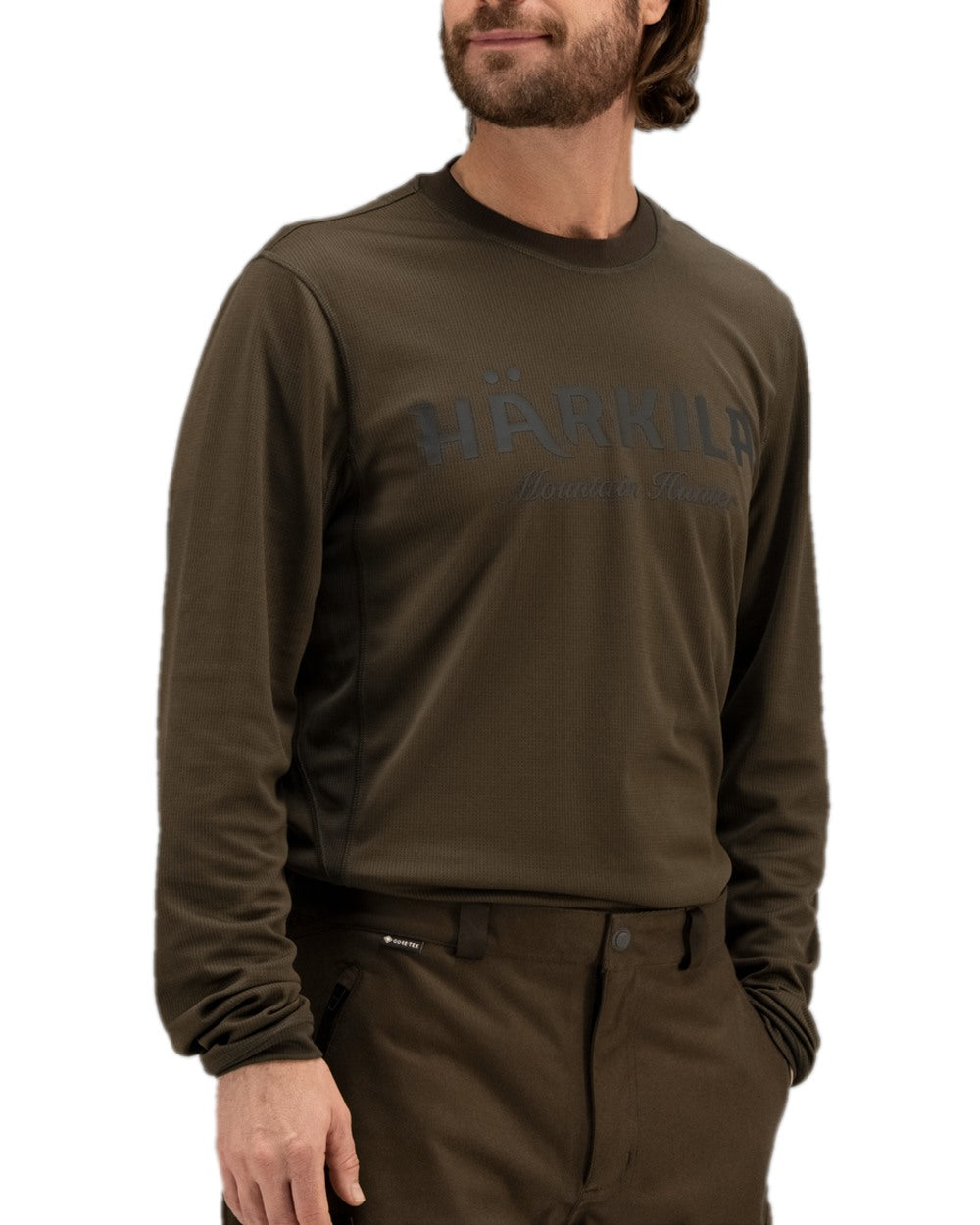 Hunting Green Shadow Brown Coloured Harkila Mountain Hunter Long Sleeve T-Shirt on white background 