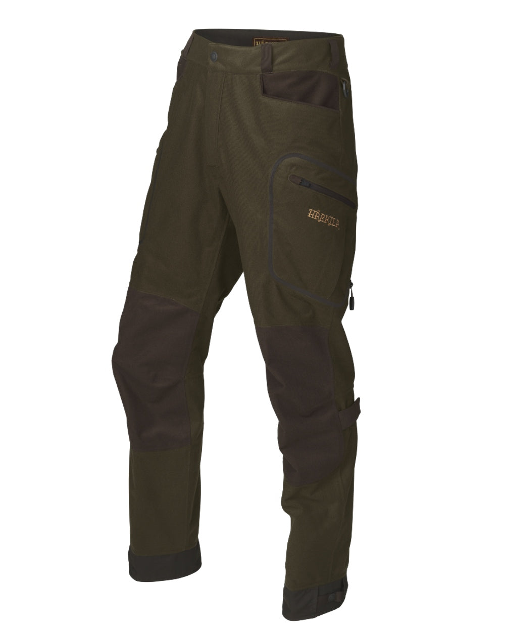 Hunting Green Shadow Brown coloured Harkila Mountain Hunter Trousers on white background 
