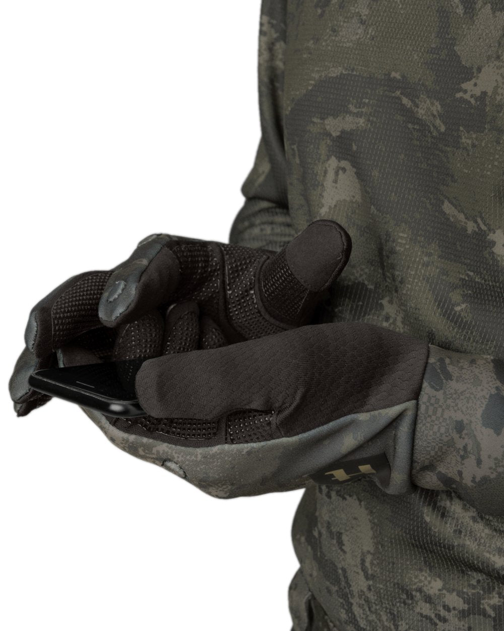 AXIS Black Coloured Harkila NOCTYX Camo Fleece Glove with Foldback Finger on white background 