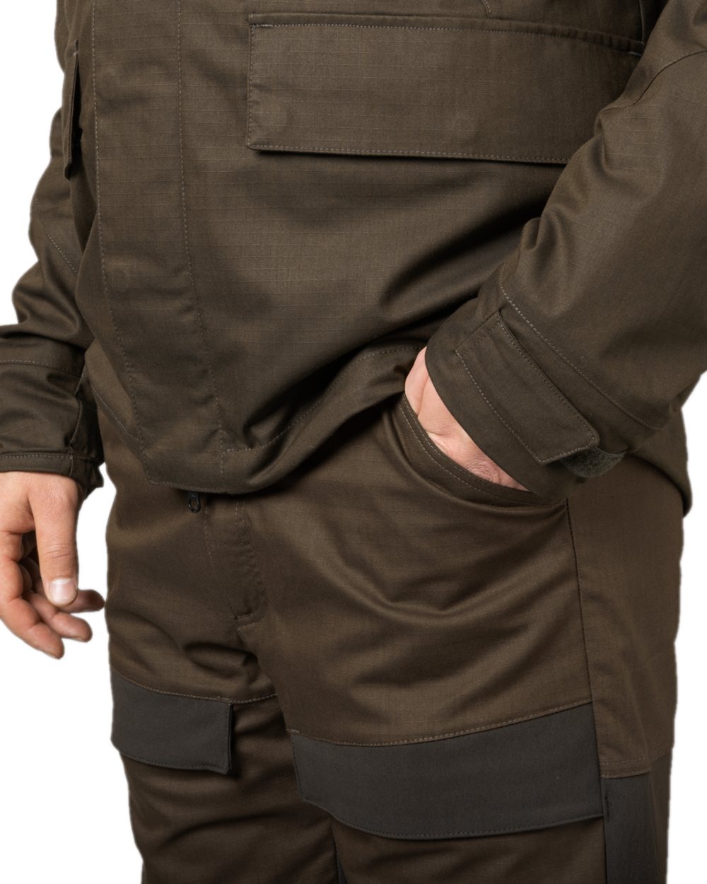 Willow Green Shadow Brown Coloured Harkila Nordic Hunter HWS Trousers on white background 